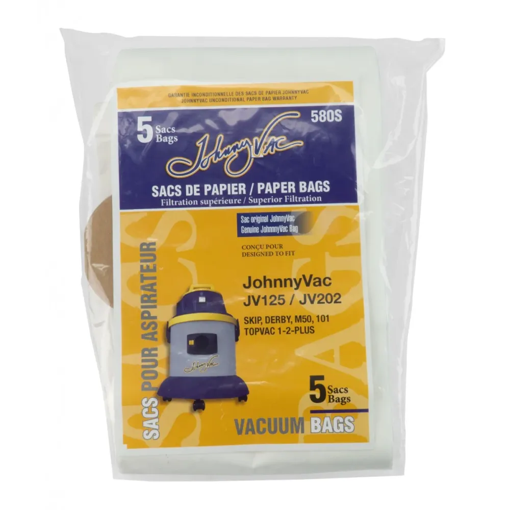 580S - Sac en papier pour aspirateur Johnny Vac JV125 et JV202 - SKIP, Derby, M50, 101, Topvac 1-2-PLUS - 5/pqt