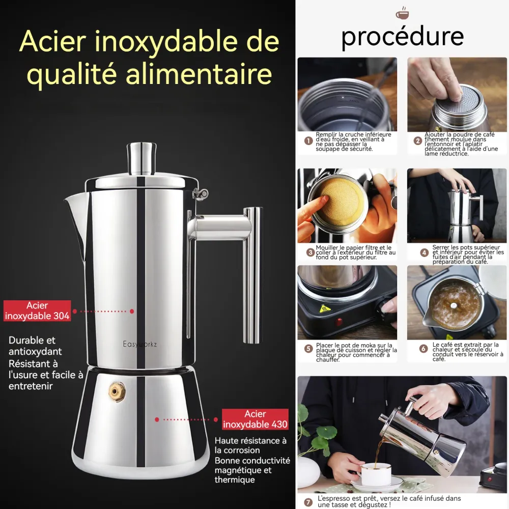 afetière italienne en acier inoxydable pour 10 tasses 500ml Pour induction à gaz et toutes les cuisinières Cafetière moka...
