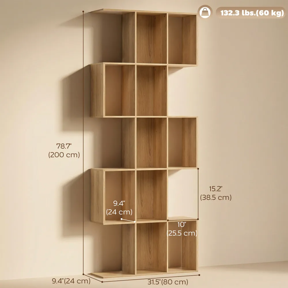 Bibliothèque à 5 niveaux géométrique en forme de S avec 15 compartiments, couleur chêne Aosom