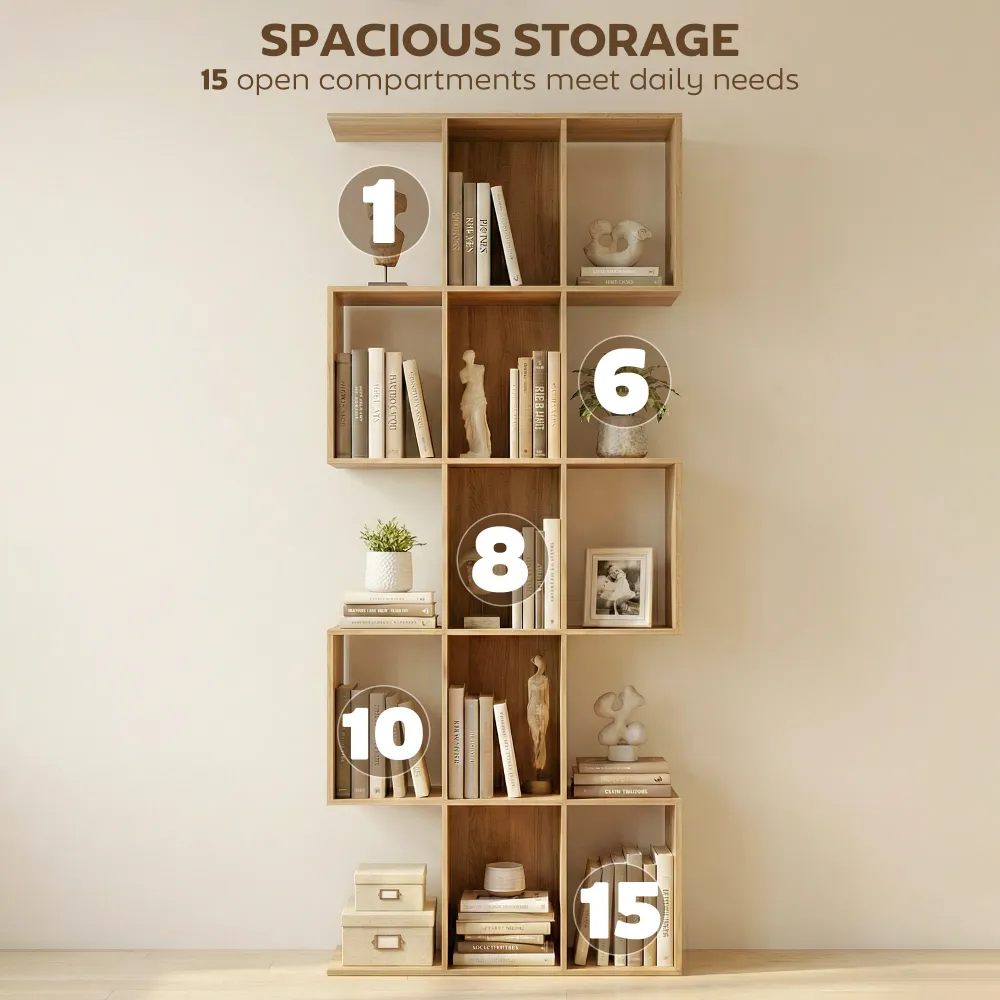 Bibliothèque à 5 niveaux géométrique en forme de S avec 15 compartiments, couleur chêne Aosom