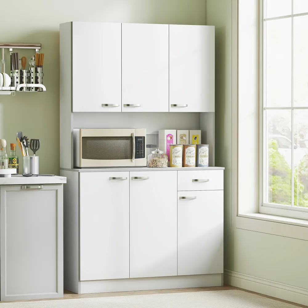 Buffet/Vaisselier de 71 po sur pied avec placards de rangement, tiroir, espace ouvert et support pour micro-ondes, blanc A...