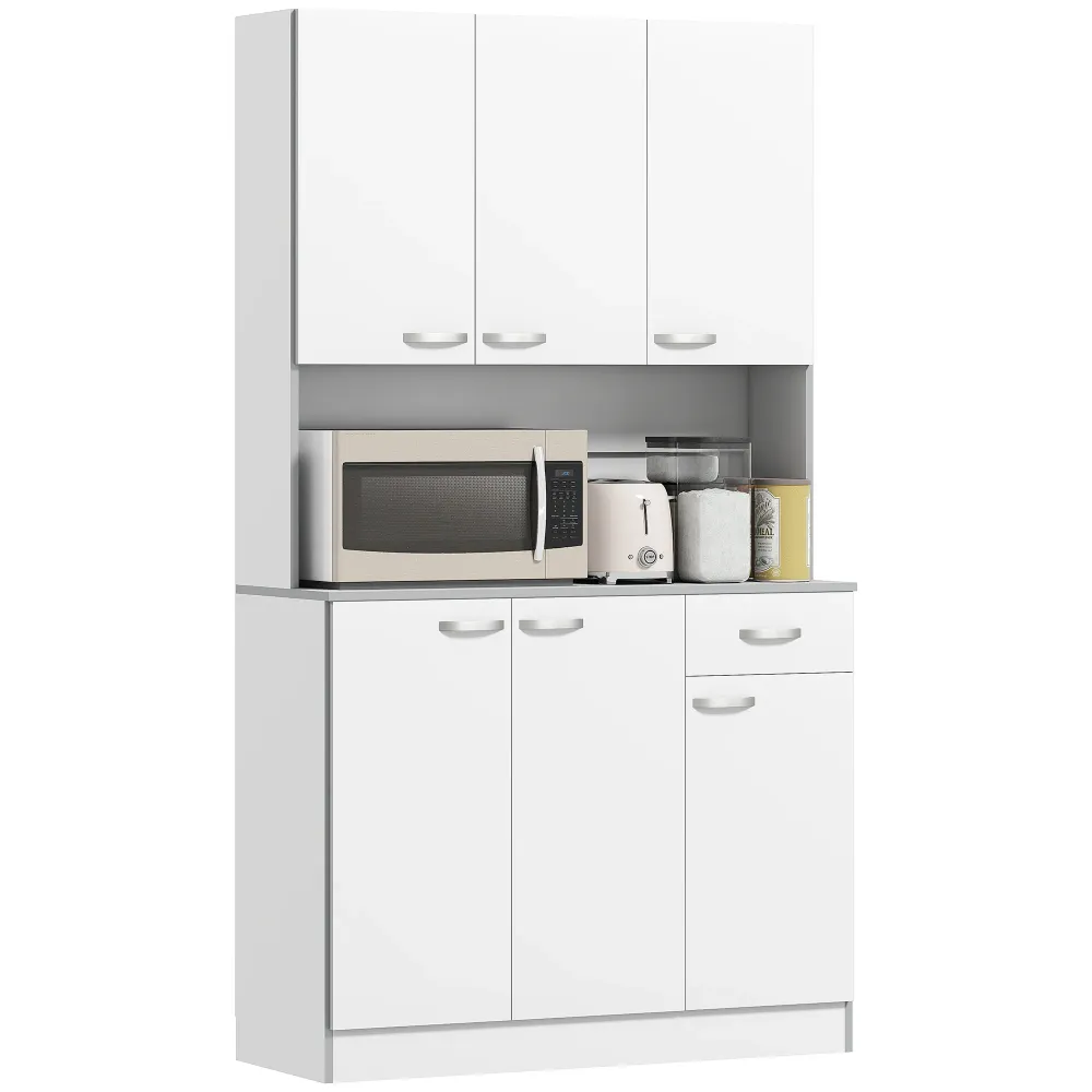 Buffet/Vaisselier de 71 po sur pied avec placards de rangement, tiroir, espace ouvert et support pour micro-ondes, blanc A...