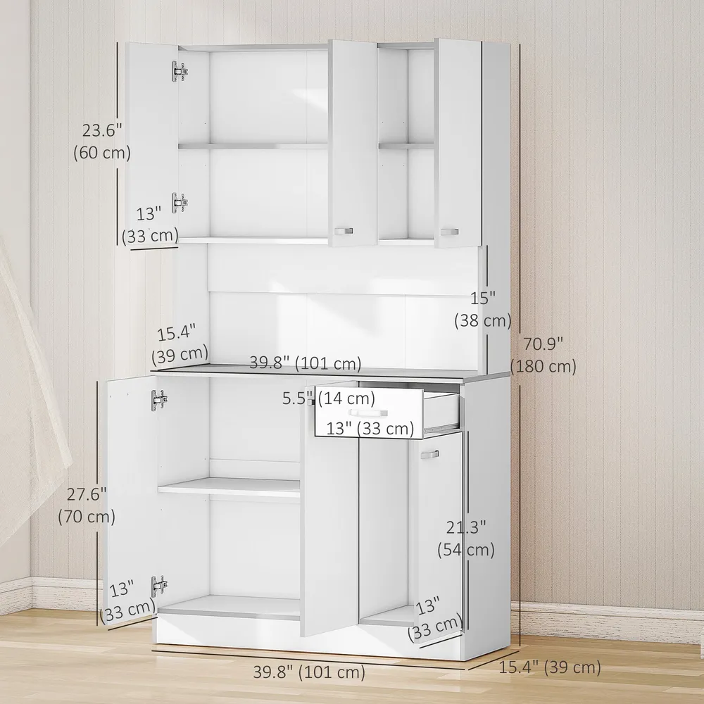 Buffet/Vaisselier de 71 po sur pied avec placards de rangement, tiroir, espace ouvert et support pour micro-ondes, blanc A...