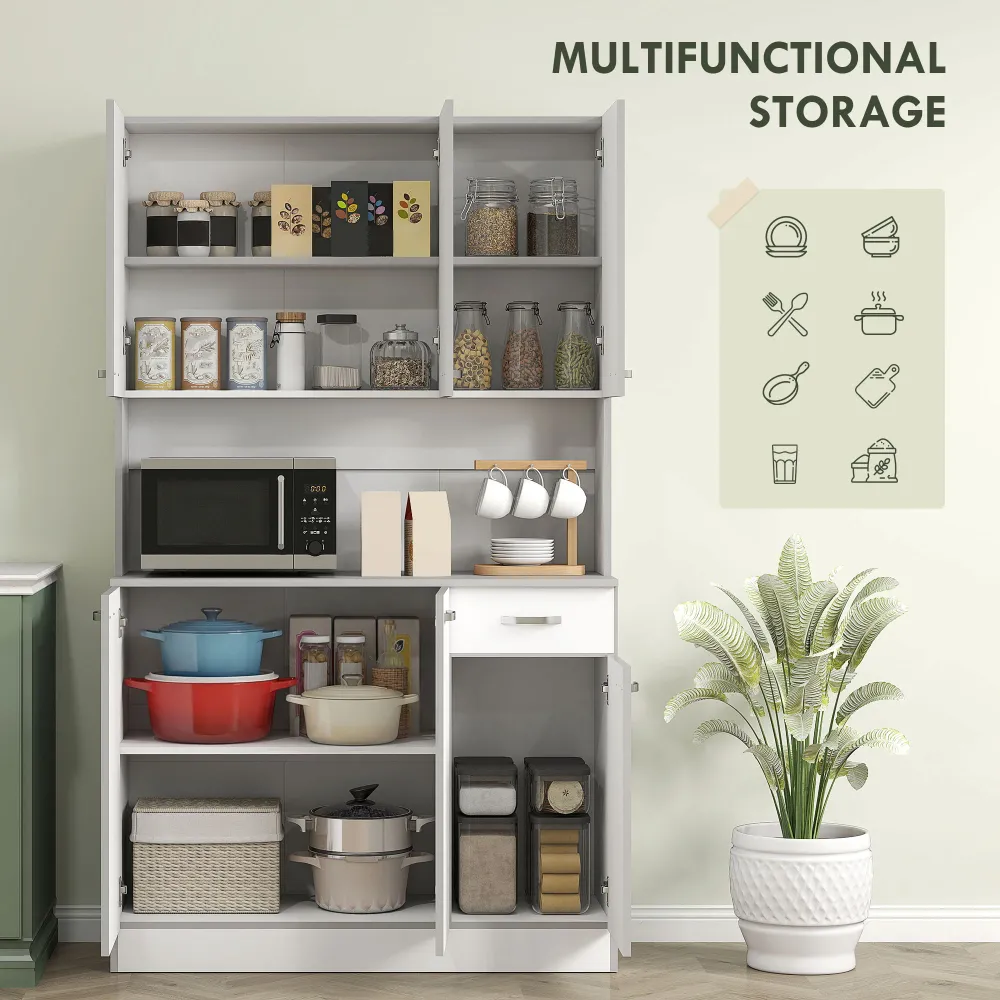 Buffet/Vaisselier de 71 po sur pied avec placards de rangement, tiroir, espace ouvert et support pour micro-ondes, blanc A...