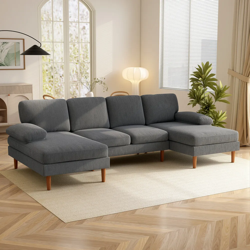 Canapé d'angle en forme de U avec double méridienne 4 places avec pieds en bois, gris foncé Aosom