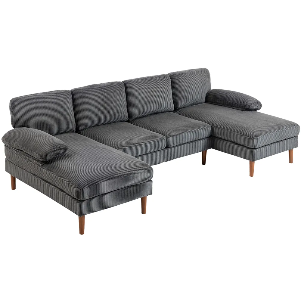 Canapé d'angle en forme de U avec double méridienne 4 places avec pieds en bois, gris foncé Aosom
