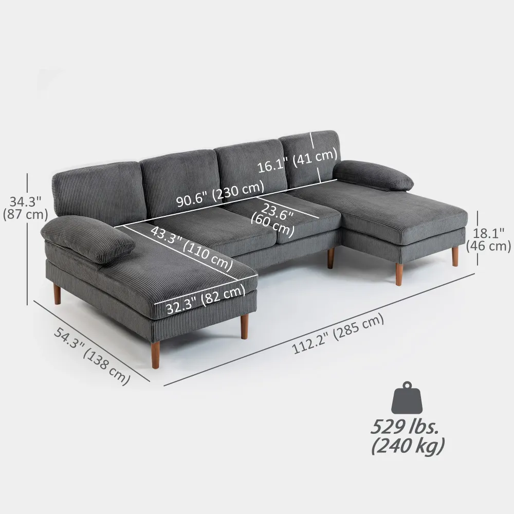 Canapé d'angle en forme de U avec double méridienne 4 places avec pieds en bois, gris foncé Aosom