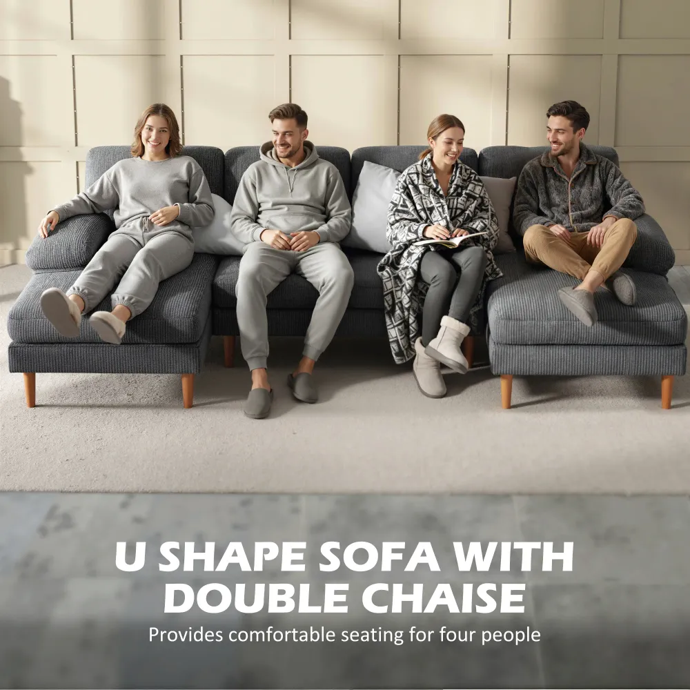 Canapé d'angle en forme de U avec double méridienne 4 places avec pieds en bois, gris foncé Aosom