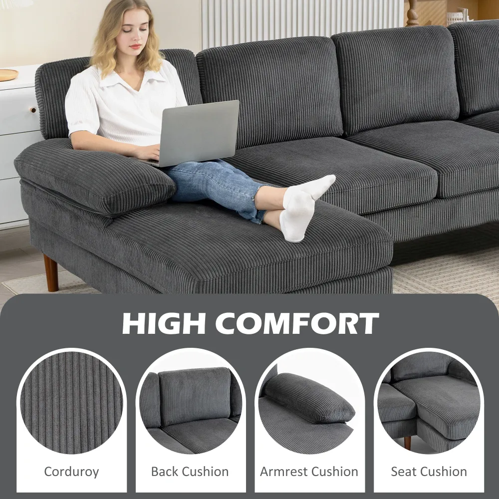 Canapé d'angle en forme de U avec double méridienne 4 places avec pieds en bois, gris foncé Aosom