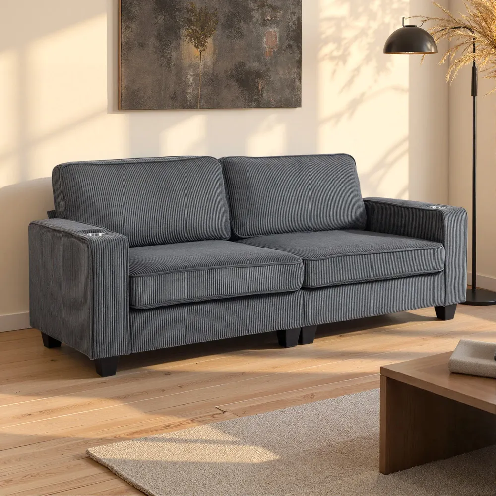 Canapé 3 places en tissu avec coussins à ressorts et porte-gobelets, gris foncé Aosom