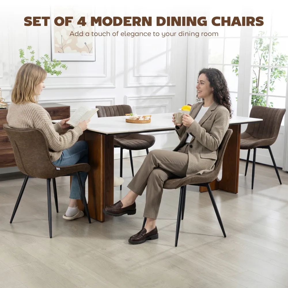 Ensemble de 4 chaises de salle à manger, rembourrées en similicuir avec dossier et pieds en acier, marron Aosom