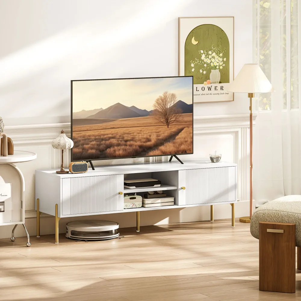 Meuble pour téléviseurs jusqu'à 65 pouces avec 2 étagères ouvertes, 2 placards et pieds en acier, blanc Aosom