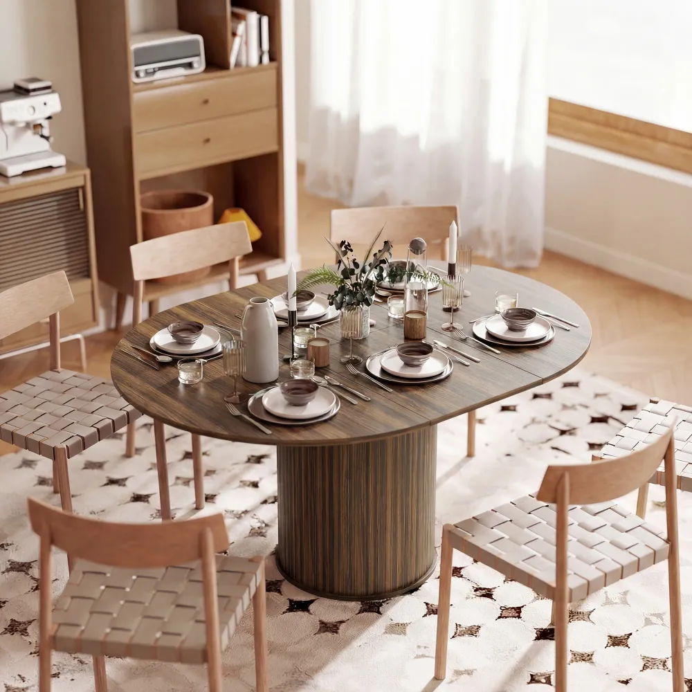 Table de cuisine extensiblepour 6 à 8 personnes style ferme, avec pied central et finition noyer. Aosom