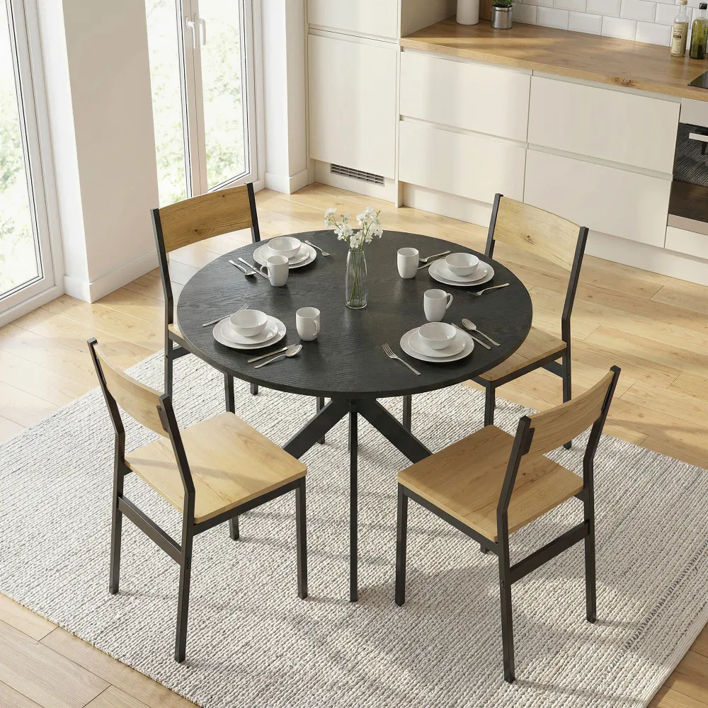 Table de salle à manger ronde contemporaine avec pieds en acier, aspect bois noir Aosom