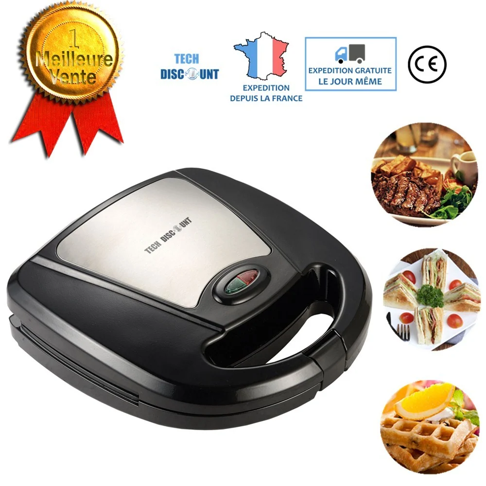 TD® Appareil électrique 3 en 1 machine à gaufres croque-monsieur, grille-pain sandwich gris et noir multifonction acier in...