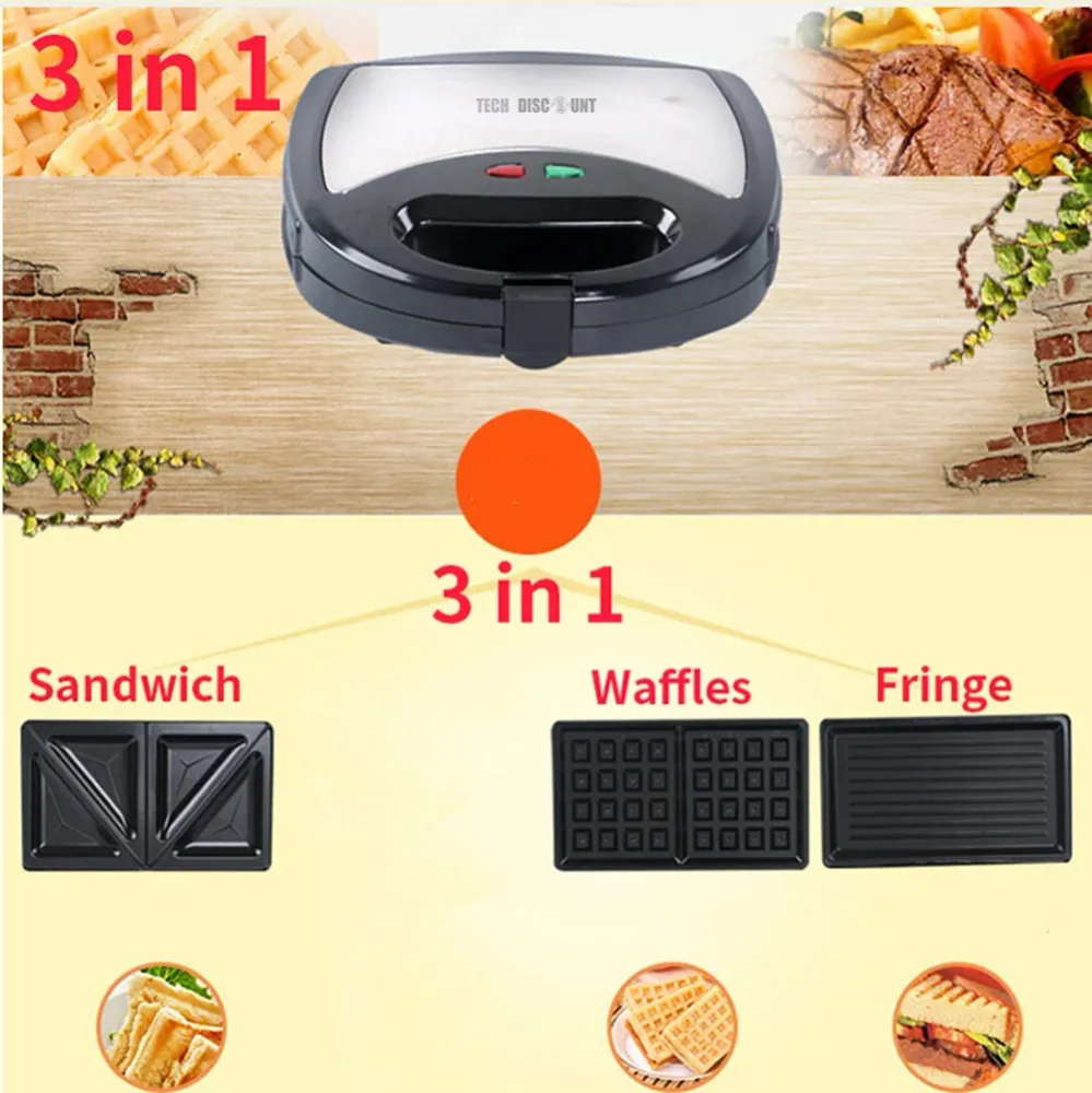 TD® Appareil électrique 3 en 1 machine à gaufres croque-monsieur, grille-pain sandwich gris et noir multifonction acier in...