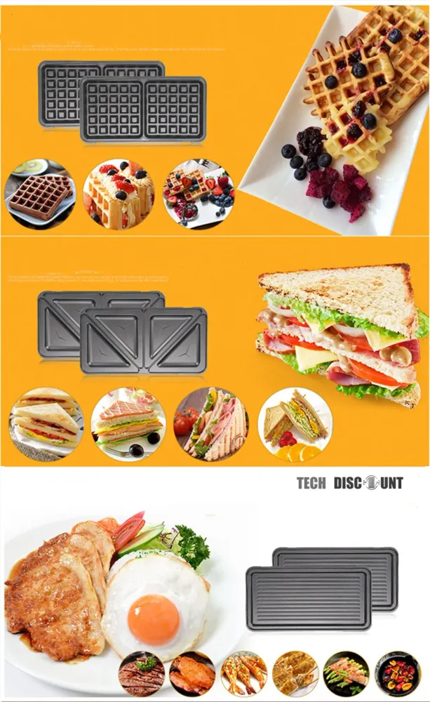 TD® Appareil électrique 3 en 1 machine à gaufres croque-monsieur, grille-pain sandwich gris et noir multifonction acier in...