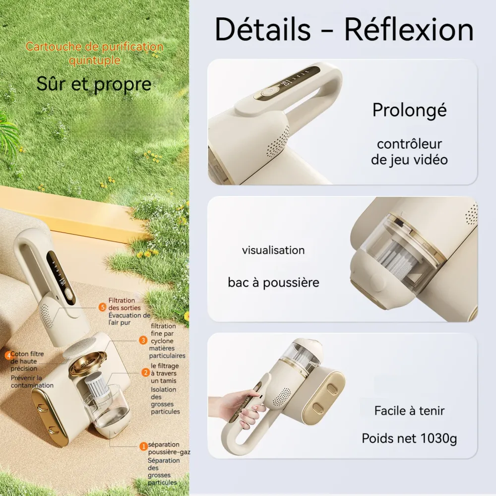 Aspirateur anti acariens 10kpa LCD écran 6 niveaux de réglage 5 éléments filtrants aspirateur à main avec 300ml boîte à po...