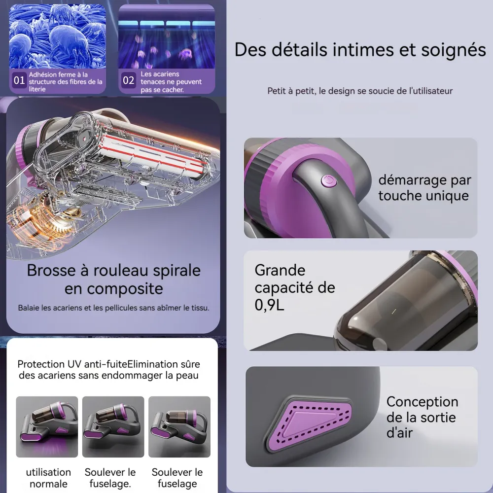 Aspirateur anti acariens 15000pa 2000mah LED écran aspirateur à main avec 320ml boîte à poussière aspirateur matelas anti...