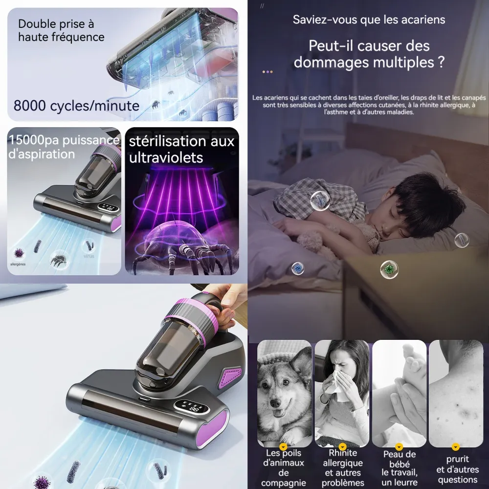 Aspirateur anti acariens 15000pa 2000mah LED écran aspirateur à main avec 320ml boîte à poussière aspirateur matelas anti...
