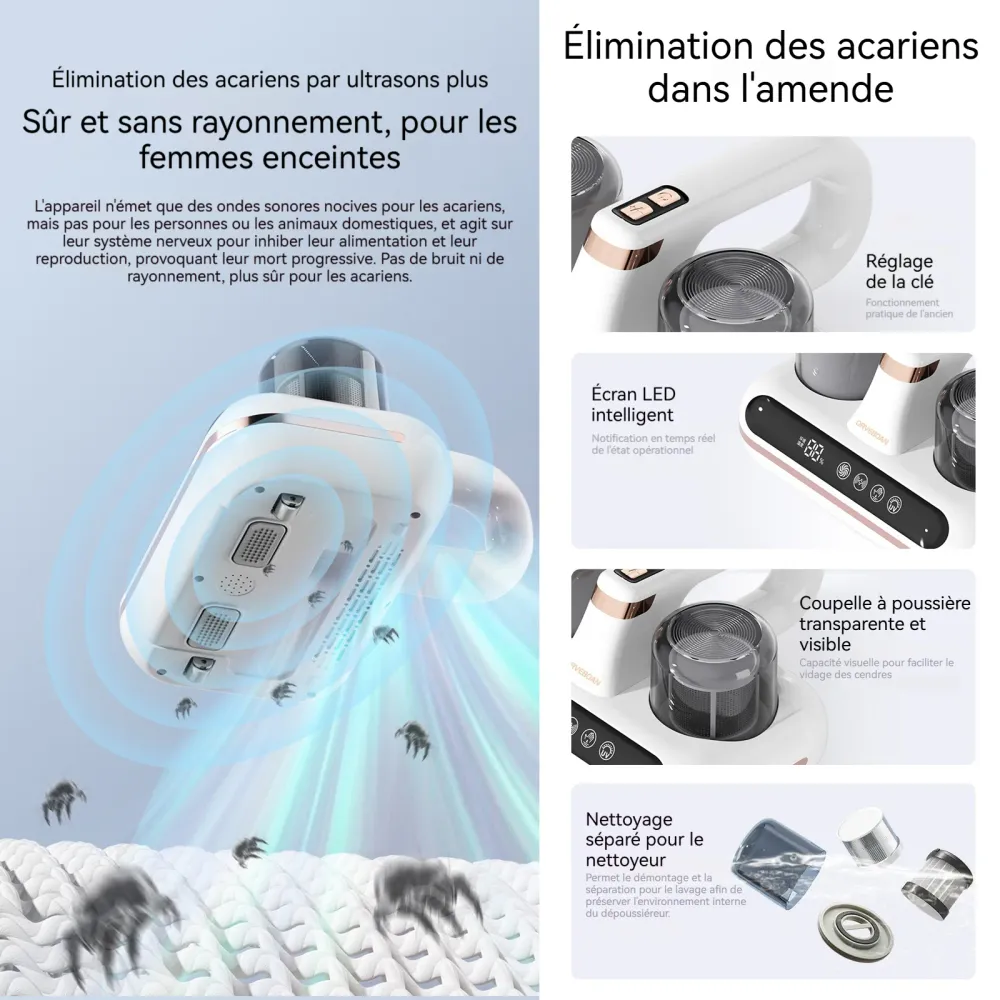 Aspirateur anti acariens 1800mah 10000pa afficher l'humidité LED écran 2 niveaux aspirateur à main avec 210ml boîte à pous...
