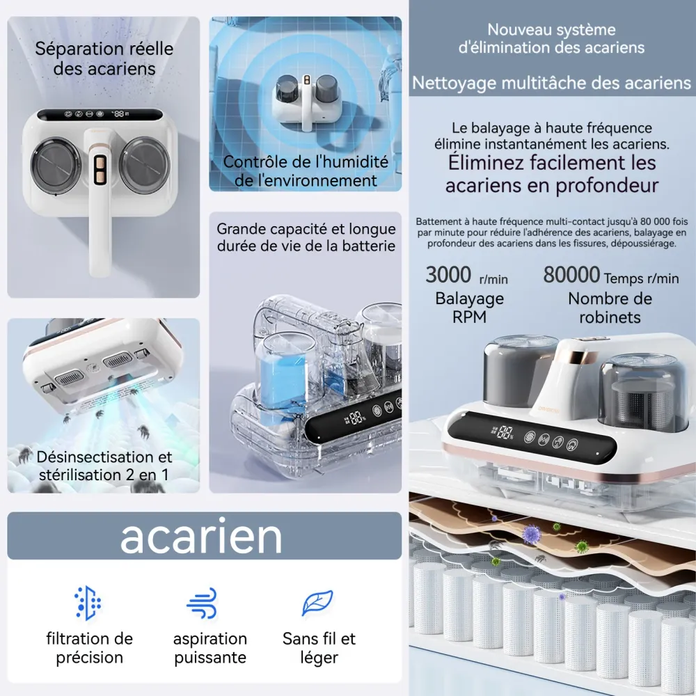 Aspirateur anti acariens 1800mah 10000pa afficher l'humidité LED écran 2 niveaux aspirateur à main avec 210ml boîte à pous...