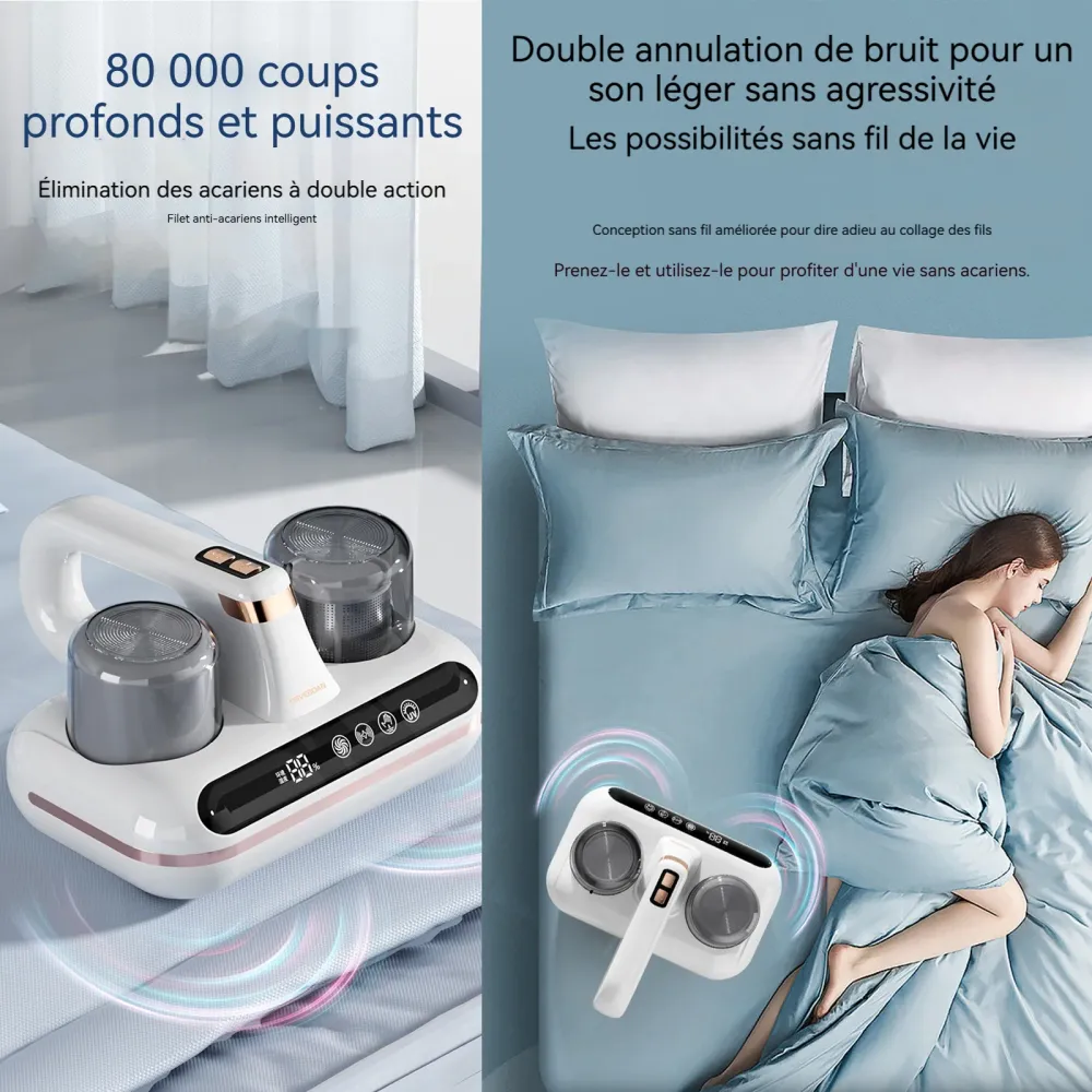Aspirateur anti acariens 1800mah 10000pa afficher l'humidité LED écran 2 niveaux aspirateur à main avec 210ml boîte à pous...