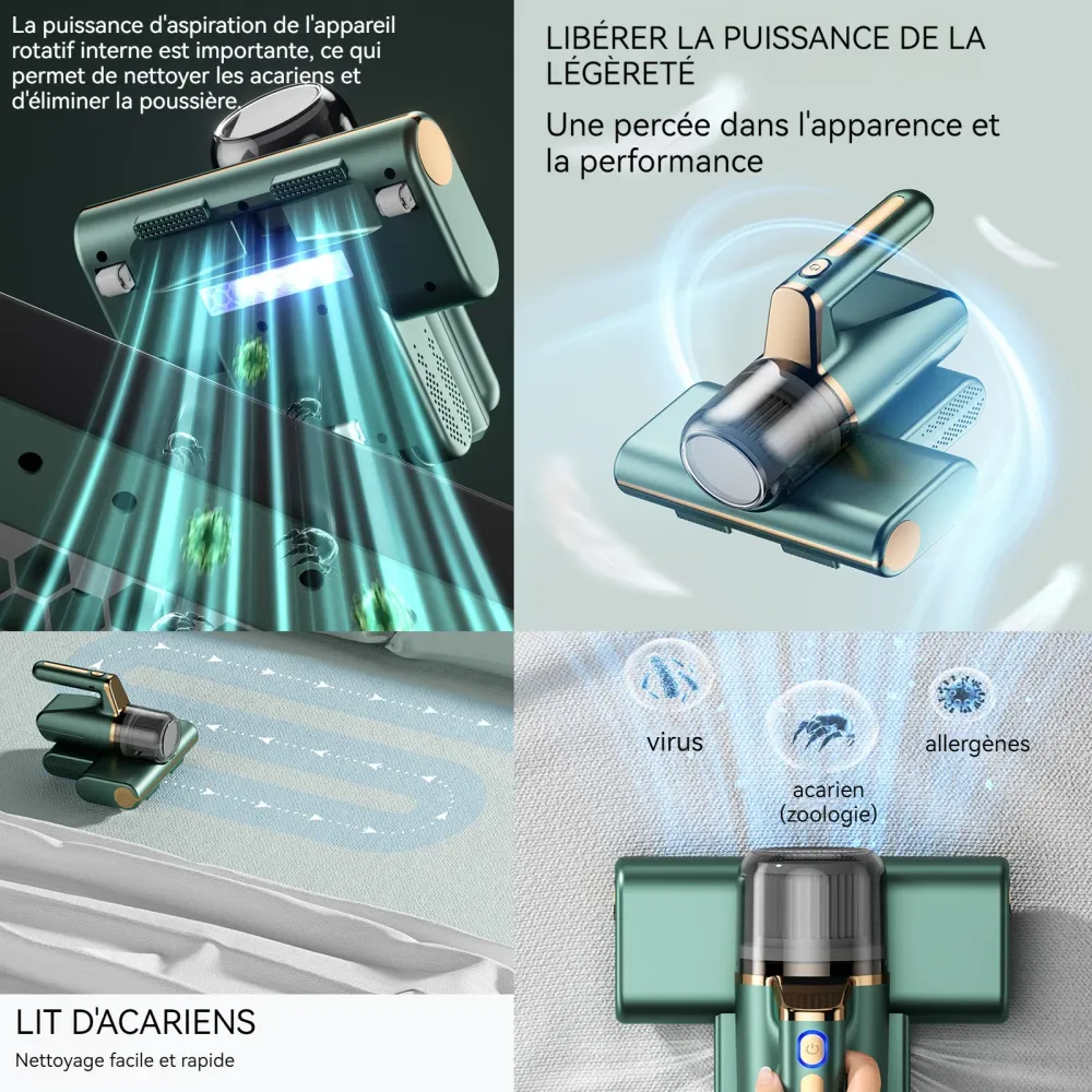 Aspirateur anti acariens 2 vitesses de réglage Forte puissance d'aspiration Durée de vie de la batterie longue durée Corps...