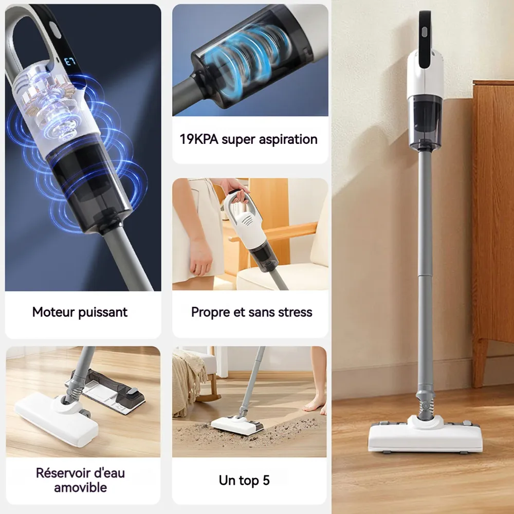 Aspirateur balai sans fil 120w 19kpa 600ml 3ème vitesse longue durée de vie de la batterie convient aux tapis et aux sols...
