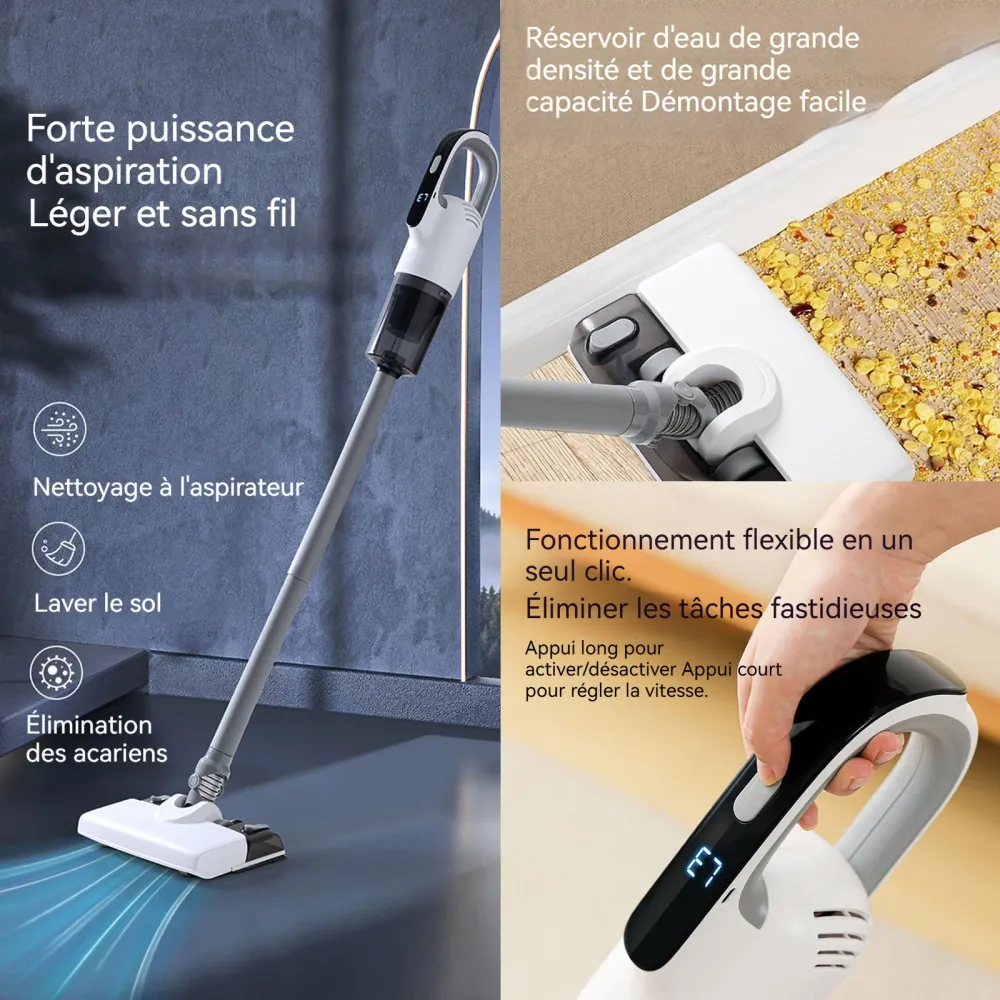Aspirateur balai sans fil 120w 19kpa 600ml 3ème vitesse longue durée de vie de la batterie convient aux tapis et aux sols...