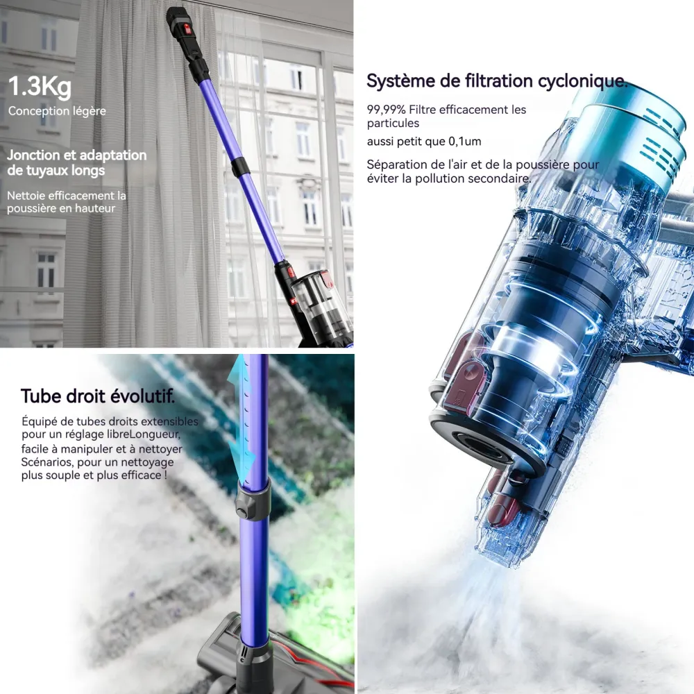 Aspirateur Balai sans Fil 550w 35kpa1.2L 3 vitesses Haute puissance Pour les sols durs et moquette Aspirateur à main pour...