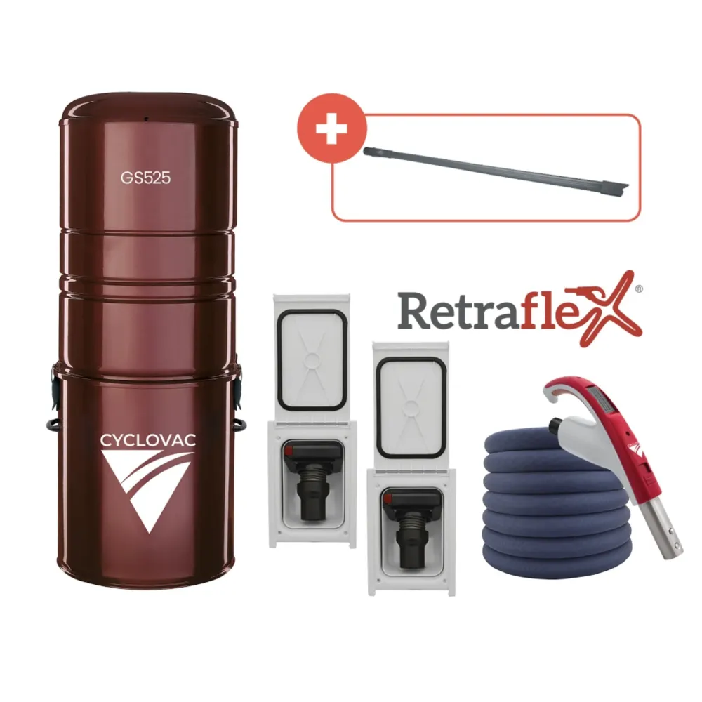Aspirateur central 525 - Avec sac - Kit de raccordement Retraflex avec 2 entrées et boyau SoftTouch 50 pi (Copie)