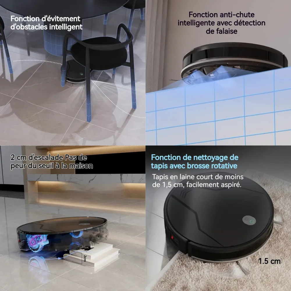 Aspirateur robot 32,5 cm 2 en 1 Contrôle par application Anti-collision intelligent Robot balayeur avec planification de t...