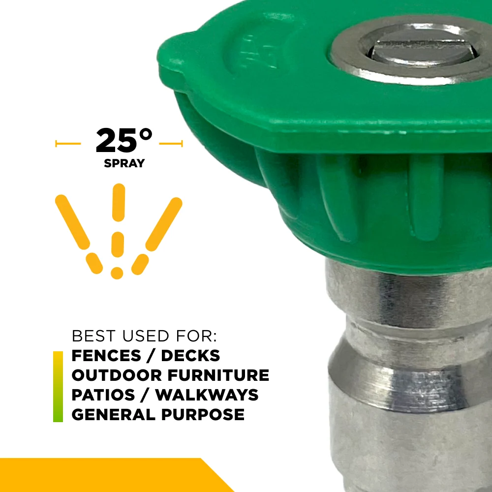 Buse verte à raccord rapide 25° pour nettoyeur haute pression - Orifice de 3,0 pouces BE Power Equipment