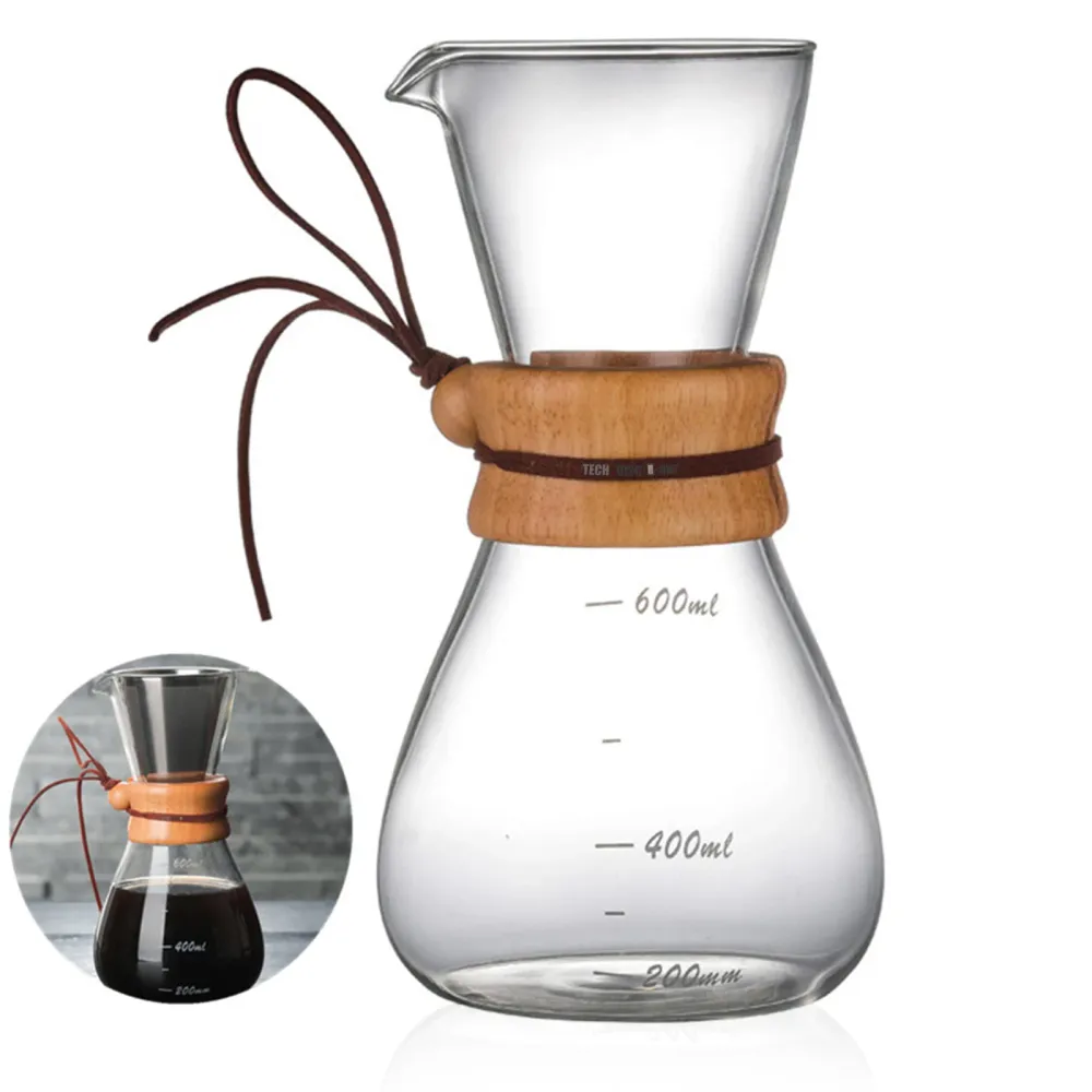 TD® Cafetière artisanale en verre en borosilicate résistante chaleur cafetière manche Bois résistance haute température De...