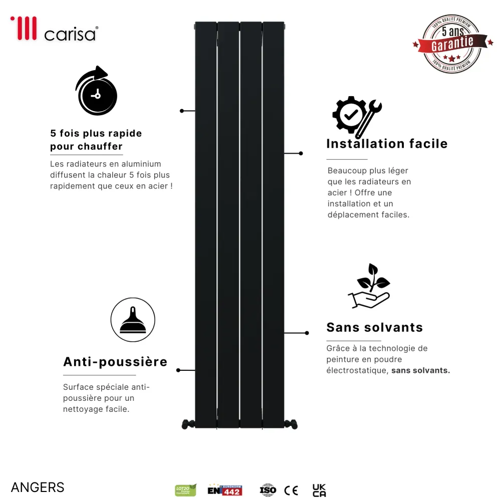 Carisa Angers Radiateur en Aluminium Vertical Design Moderne Gris Clair