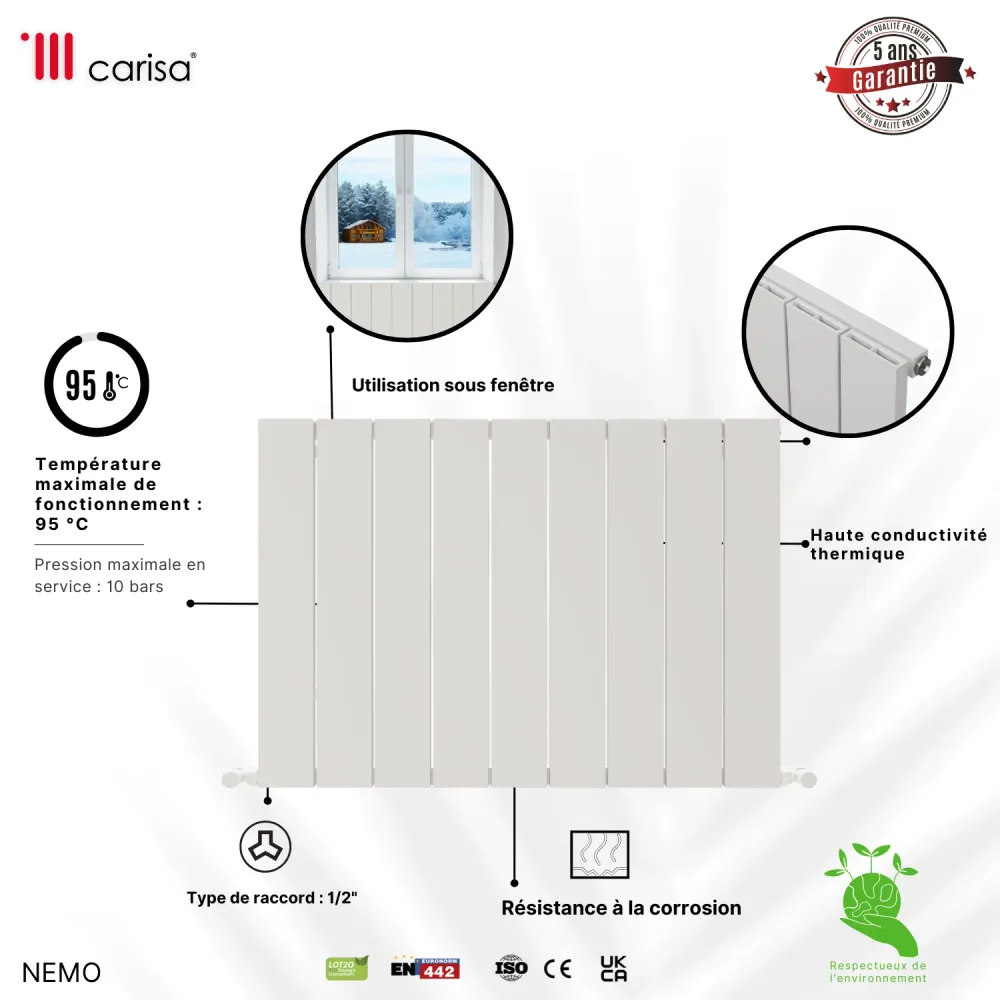 Carisa Nemo Double Radiateur en Aluminium Horizontal Design Moderne Anodisé Poli
