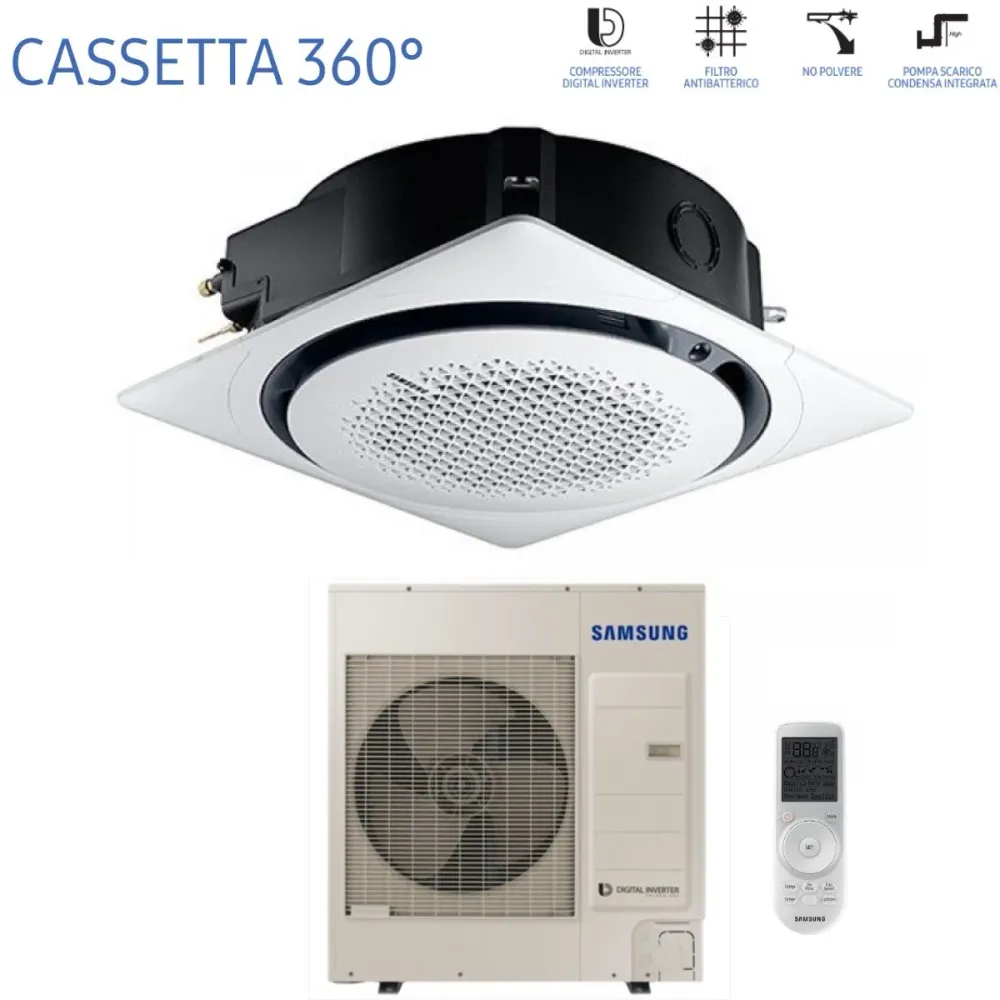 Cassette de climatiseur inverseur Samsung 360° 36000 Btu AC100MN4PKH/EU Triphasé R-410 Wi-Fi en option avec contrôle sans...