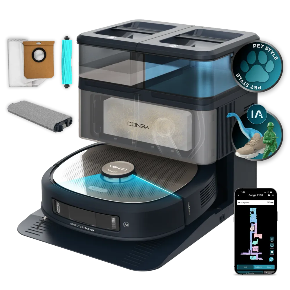 Cecotec Conga Z100 Robot Aspirateur IA Avec LaserEye Et AquaCycle Détection d'Objets Et Nettoyage Professionnel