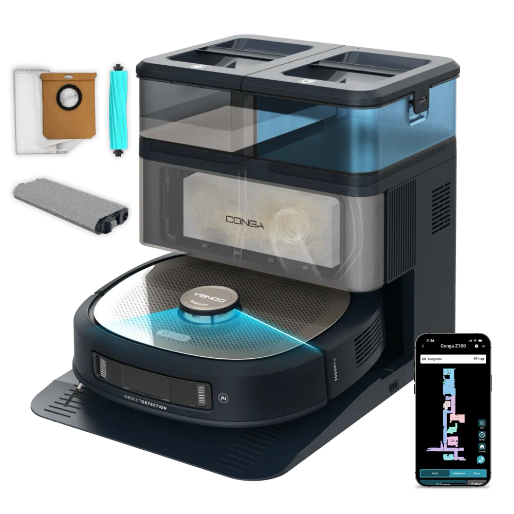 Cecotec Conga Z100 Robot Aspirateur IA Avec LaserEye Et AquaCycle Détection d'Objets Et Nettoyage Professionnel