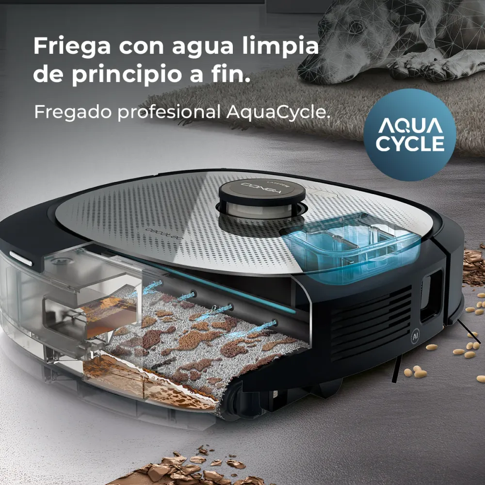 Cecotec Conga Z100 Robot Aspirateur IA Avec LaserEye Et AquaCycle Détection d'Objets Et Nettoyage Professionnel