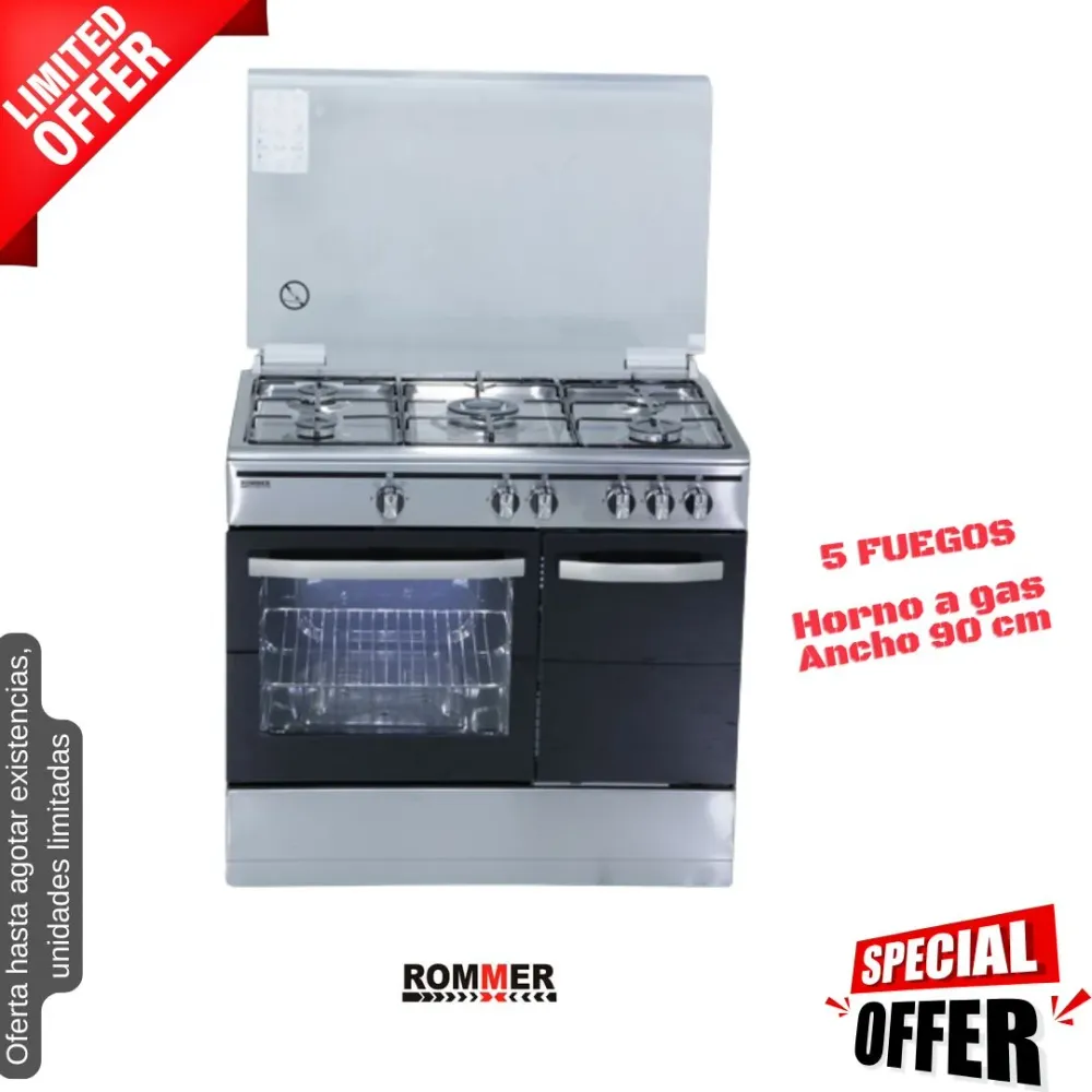 Cocina de gas inox 5 fuegos 90cm Rommer (026121) OFERTA CH906XFG