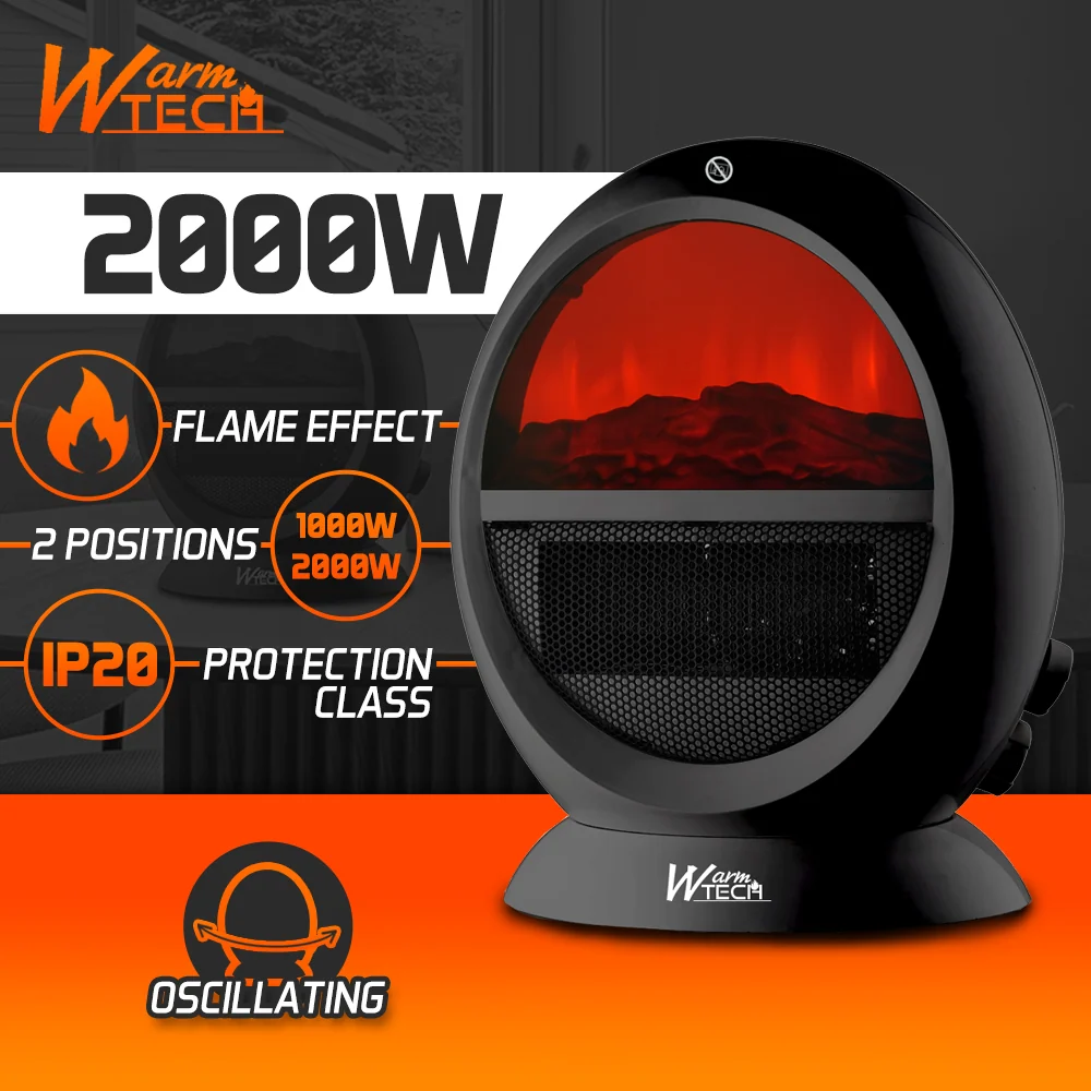 Chauffage soufflant oscillant 2000 W – thermostat – effet flamme