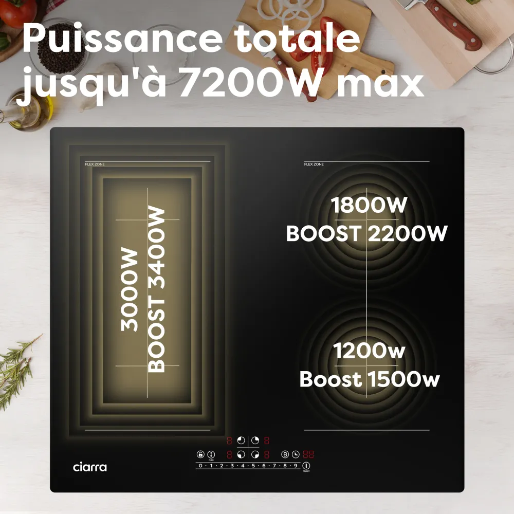 Ciarra Plaque à Induction 7200W 2 Flex Zones Function Boosters CBBIH4BFF-OW