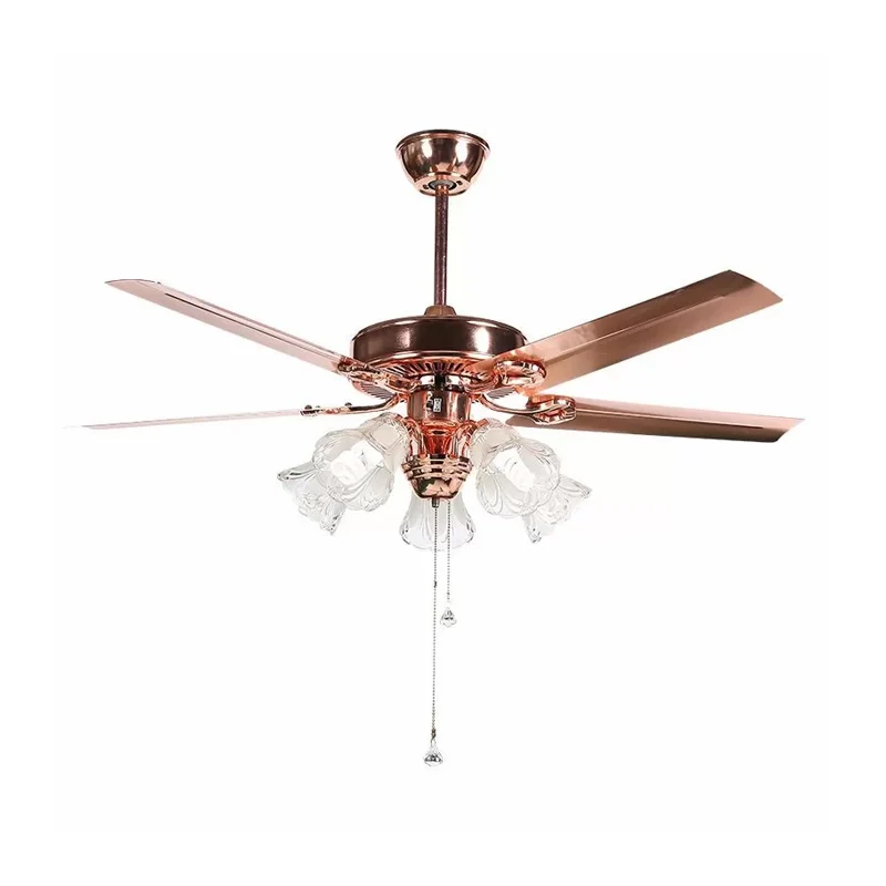 132,1 cm de large, doré, 5 lumières, ventilateur suspendu, campagne, verre dépoli, abat-jour en forme de cloche, montage s...