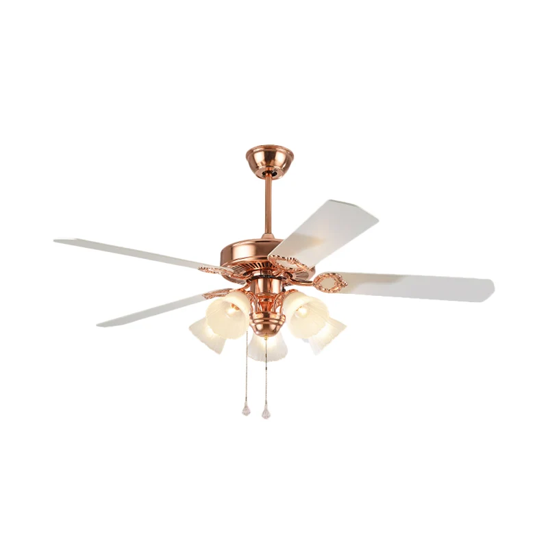 132,1 cm de large, doré, 5 lumières, ventilateur suspendu, campagne, verre dépoli, abat-jour en forme de cloche, montage s...