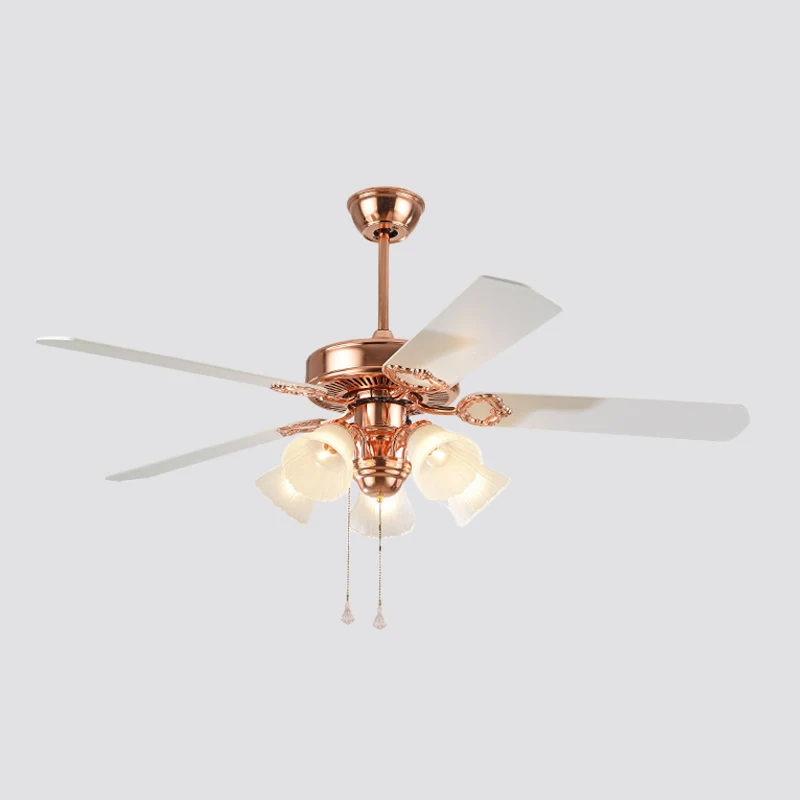 132,1 cm de large, doré, 5 lumières, ventilateur suspendu, campagne, verre dépoli, abat-jour en forme de cloche, montage s...