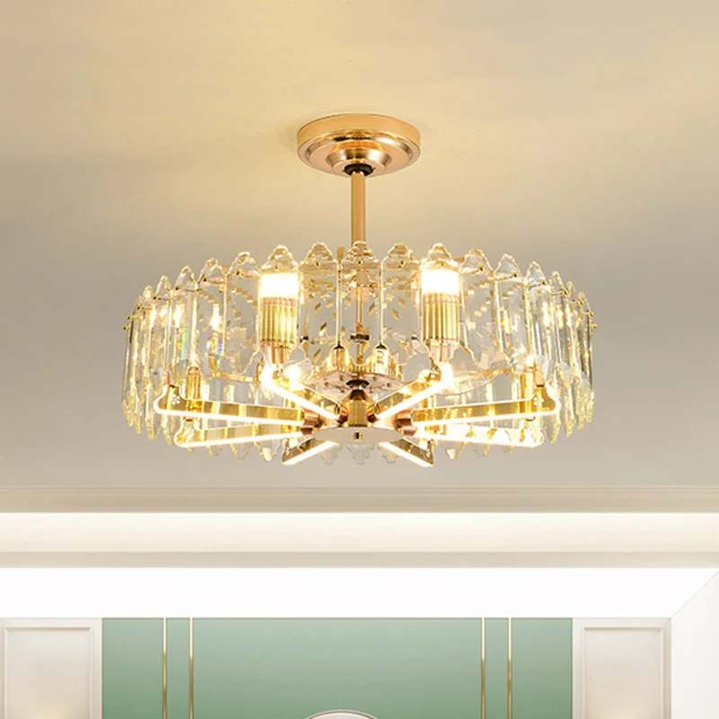 Ventilateur suspendu doré à 3 pales en cristal, cercle lumineux de 31,5 pouces de large, 8 ampoules, montage semi-encastré...