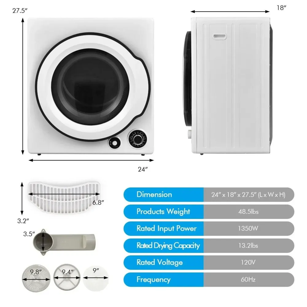 Sèche-linge électrique compact COSTWAY FP10092US-WH, 4KG, 110V, 1350W, 5 programmes de séchage