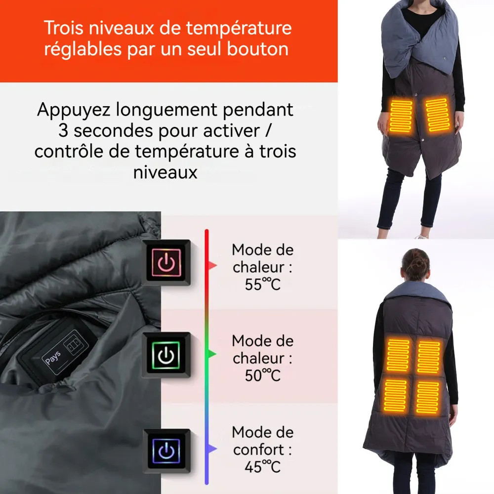 Coussin chauffant Taille unique Fibre de polyester Réglage de température à 3 niveaux Recharge USB Cape chauffante intelli...